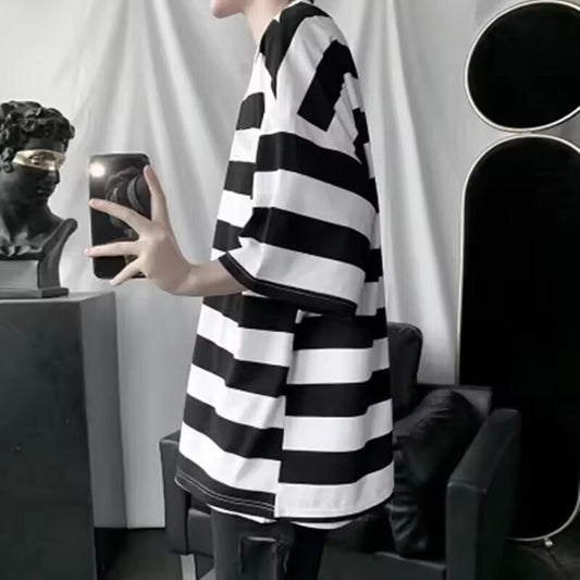 2024 New Summer Fashion Loose-fit Half Sleeve Striped T-shirt Trendy Brand Men's Round Neck Short Sleeves Casual Clothes
