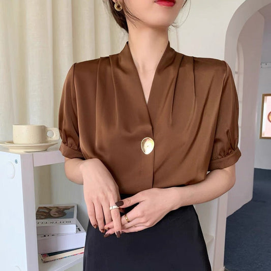 Silk Wrap Blouse/ Black Silk Blouse/ Short Sleeve Blouse/ Loose Blouse